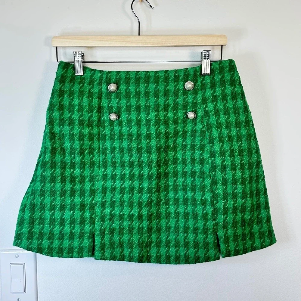 Cicy Bell Womens Green Cropped Tweed Blazer Skirt Set Suit M Tweed Houndstooth - Picture 6 of 12